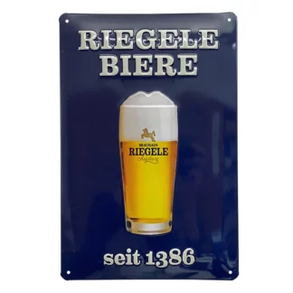 Dunkelblaues Emaille Blechschild mit Bierglas und Schriftzug "Riegele Biere seit 1386"